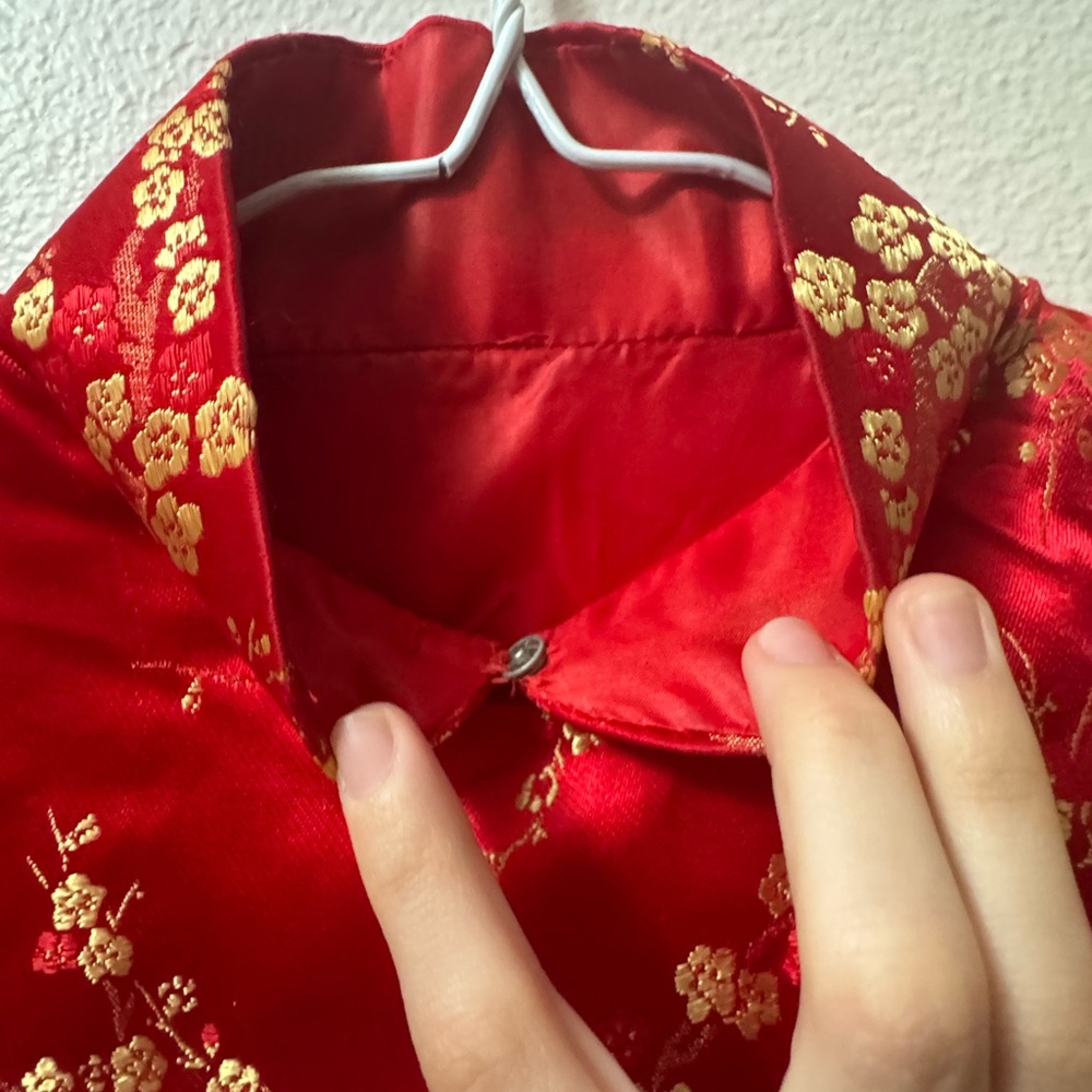 Vintage Red Authentic High Neck Button Up Qipao Floral Side Slit Chinese Gold - Picture 2 of 5
